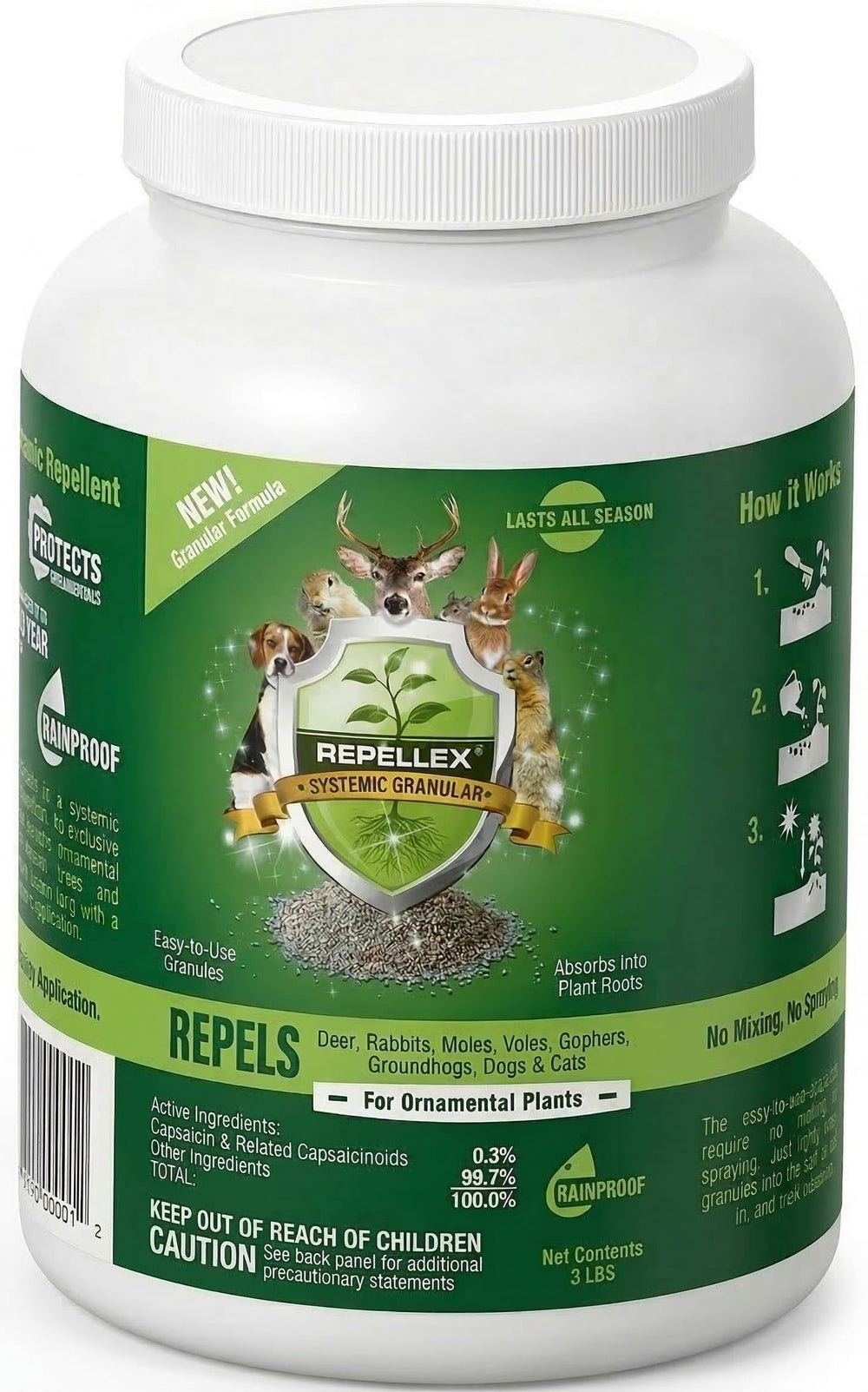 Repellex 3 lb front packaging showing product and benefits