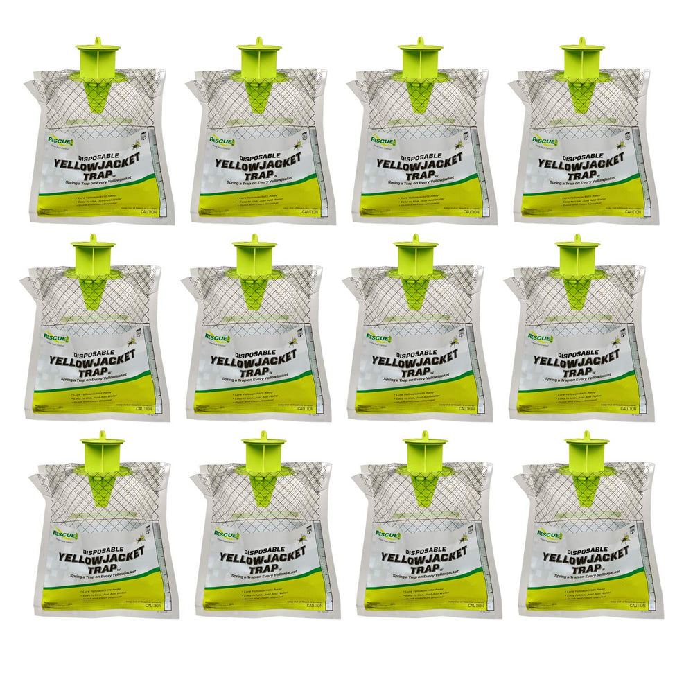 RESCUE! front packaging showing 12 disposable yellowjacket traps and benefits