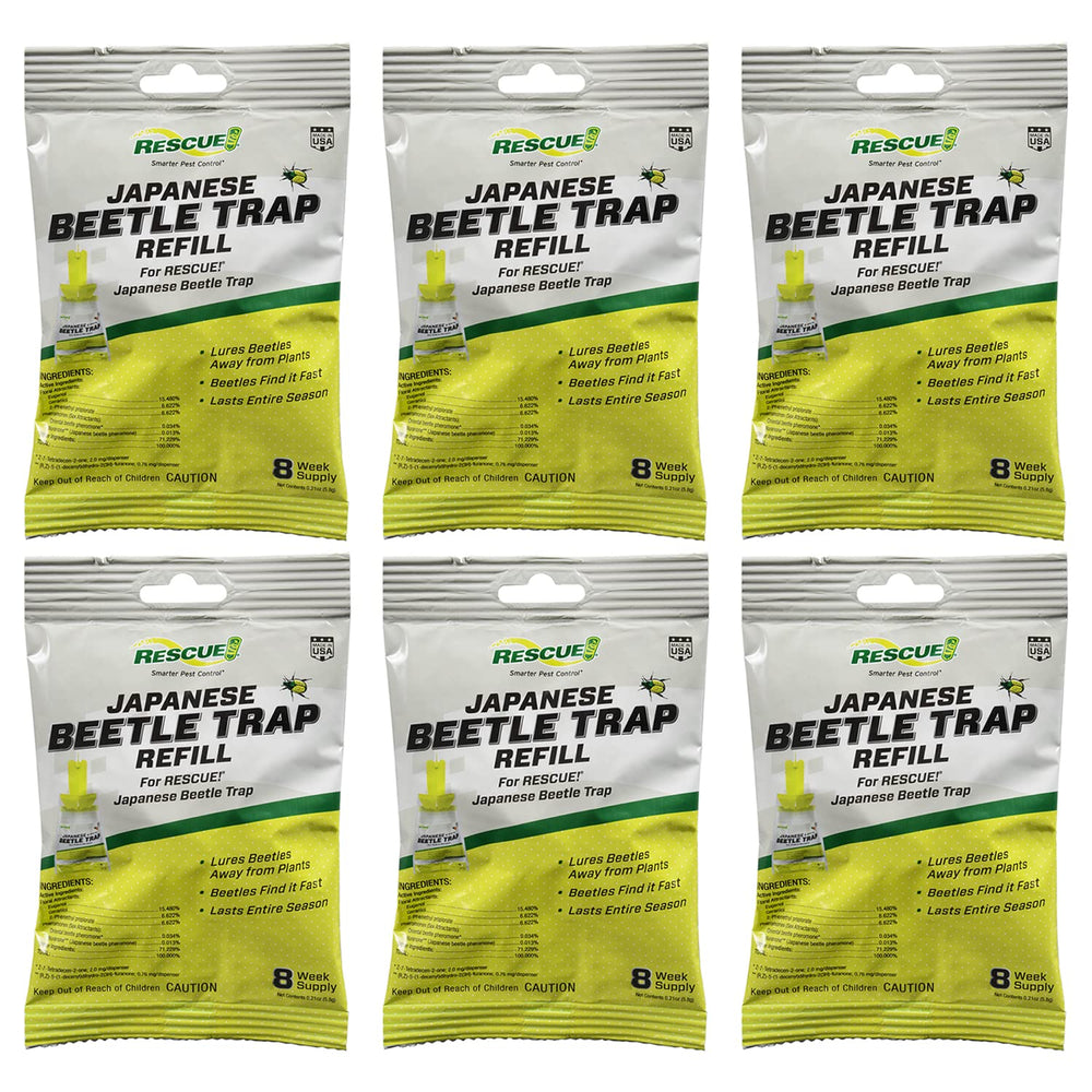 RESCUE! refill pack front view showing six lure sachets and brand benefit of reuse
