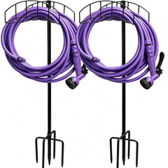 Rexwnadu front view of two freestanding holders showing organized hoses and decor