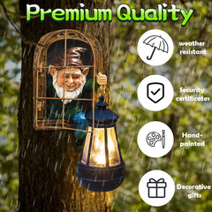 REYISO gnome mounted on tree in garden creating whimsical outdoor ambiance