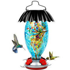 REZIPO front view of blue glass feeder showing capacity and shape, attracts birds