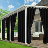 RichSets front view of black outdoor curtains showing full coverage and curb appeal