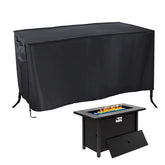 Rilime front view of black rectangular cover protecting fire pit, shows full coverage benefit