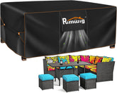 Rimwig front view of rectangular cover protecting a dining set, showing full fit and benefit