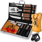 RINPIR aluminum case open showing organized 21-piece grill set and travel readiness