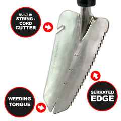 Roamwild depth gauge and V-notch close-up demonstrating precise planting depth and weeding