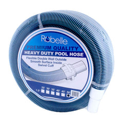 Robelle vacuum hose front view showing full 50 ft length and blue-black finish, easy handling