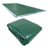 Robelle front view of 20x40 ft cover showing label and overlap, protects pool seasonally
