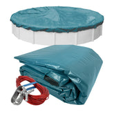 Robelle cover front view on 21 ft pool showing secure fit and protection