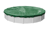 Robelle Titan 24 ft cover front view showing meadow green top and winch included, protects pool