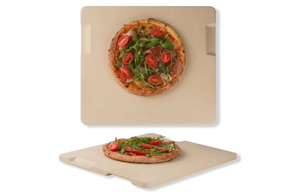 ROCKSHEAT front view of rectangular pizza stone shows full surface and fit