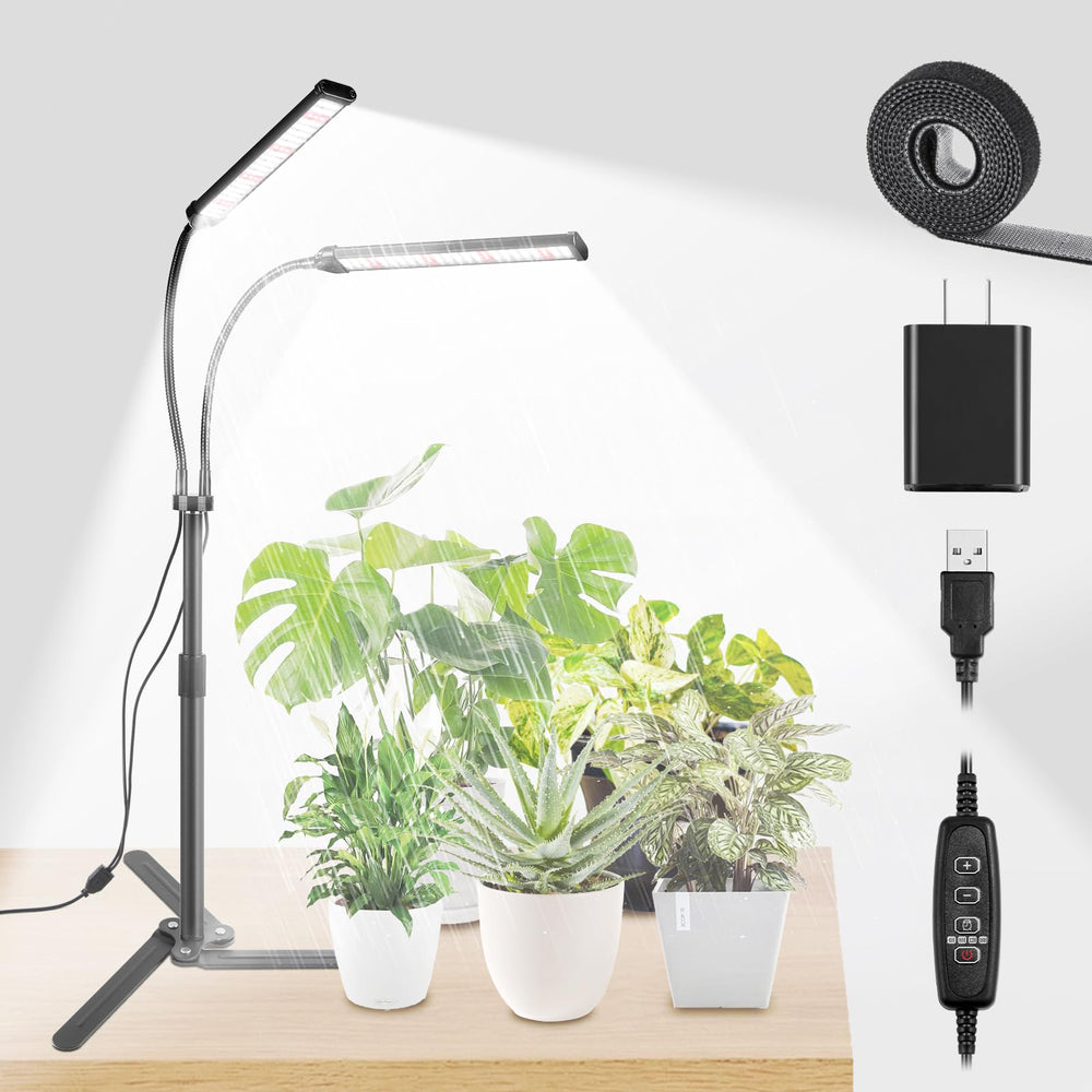 RODINTO front view of dual-head tabletop grow light showing bright full-spectrum output for healthy plants