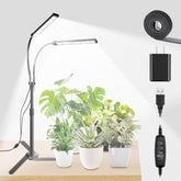 RODINTO front view of dual-head tabletop grow light showing bright full-spectrum output for healthy plants