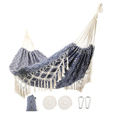ROOITY front view of blue‑diamond hammock showing full bed and fringe for decorative comfort