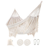 ROOITY front view of white double hammock showing full boho fringe and bed, inviting comfort