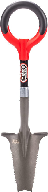 Root Slayer mini digger front view showing compact design and red finish benefits portability