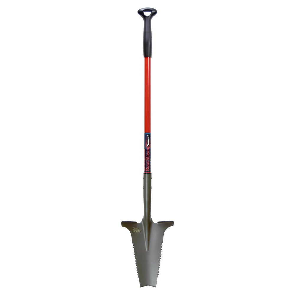 Root Slayer Nomad front view showing red blade and compact design for portability
