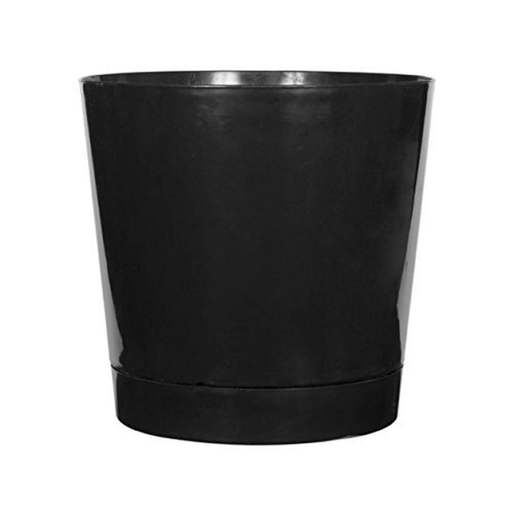 Root & Vessel front view glossy black planter showing sleek silhouette and balance