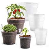 RooTrimmer front view of 15-pack clear nursery pots showing contents and sizes for quick identification