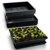 RooTrimmer front view of five-pack tray set shows organized seed starting