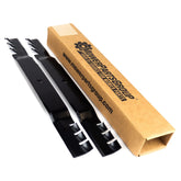 Rotary mulching blades front view showing branded packaging and fit benefit