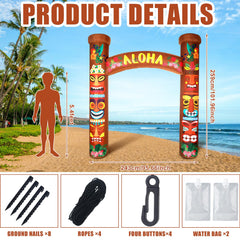 RoundFunny LED-lit tiki arch at night adding ambient lighting for evening events
