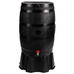 RTS Home Accents rain barrel front view showing compact flat-back design and capacity benefit