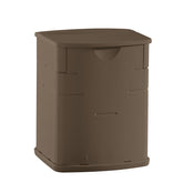 Rubbermaid deck box front view showing compact storage and discreet brown finish