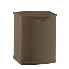 Rubbermaid deck box front view showing compact storage and discreet brown finish