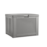 Rubbermaid deck box front view showing neutral gray finish and basket-weave design for stylish storage