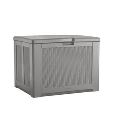 Rubbermaid deck box front view showing neutral gray finish and basket-weave design for stylish storage