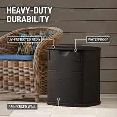 Rubbermaid deck box open interior with organized garden tools demonstrating capacity