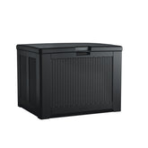 Rubbermaid front view of deck box showing charcoal finish and storage capacity benefit