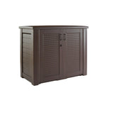 Rubbermaid front view of Patio Chic cabinet showing weather-resistant storage and organized look