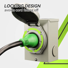 RVMATE cord in use at an RV inlet demonstrating safe generator-to-panel power hookup