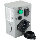 RVMATE front inlet box showing labeled generator switch and 15A inlet for safe power transfer