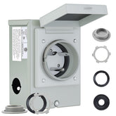 RVMATE TT-30P front view showing inlet and weatherproof cover protecting connector