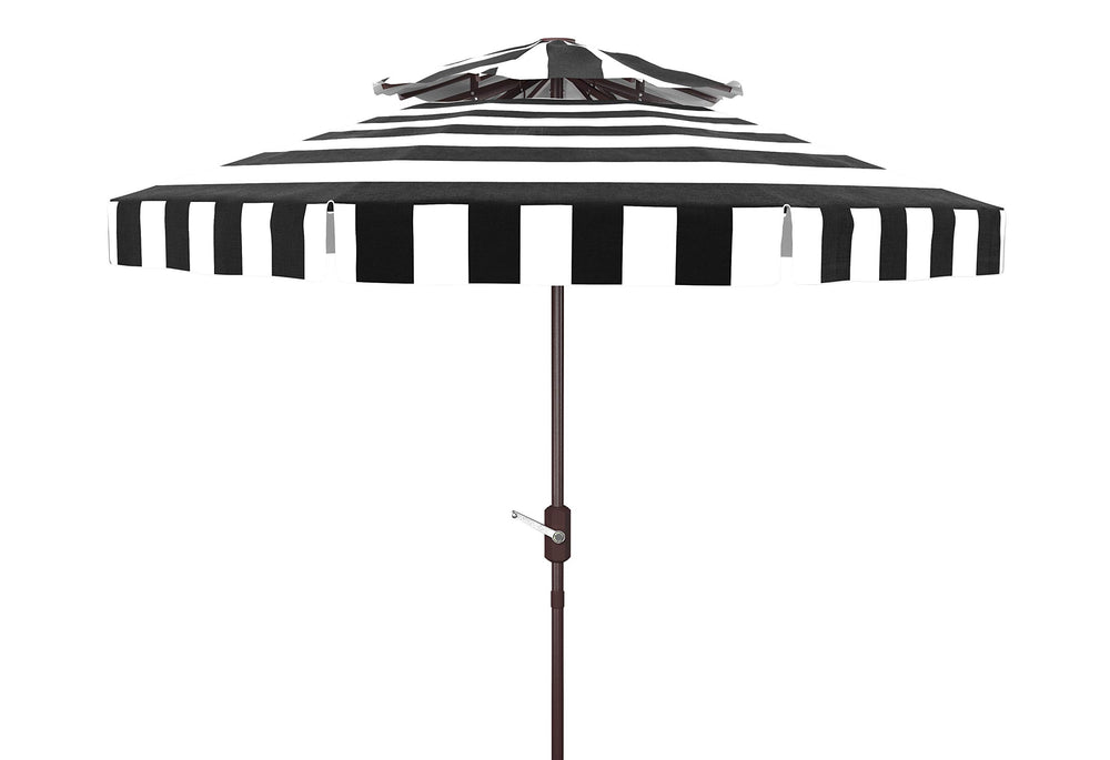 SAFAVIEH Elsa front view showing black and white striped canopy and brown aluminum pole, stylish sun protection