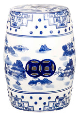 SAFAVIEH front view of blue and white ceramic garden stool showing elegant accent and durable finish