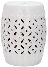 SAFAVIEH stool front view showing white ceramic and elegant profile for versatile placement