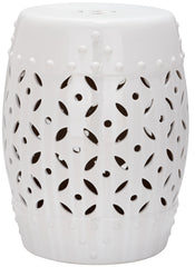 SAFAVIEH stool front view showing white ceramic and elegant profile for versatile placement