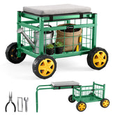 Saker front view of rolling garden cart showing seat and frame for comfortable gardening