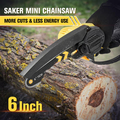Saker mini chainsaw close-up of chain and bar highlighting cutting detail