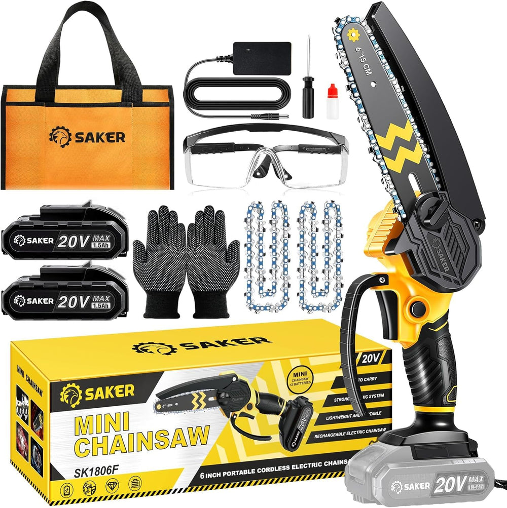 Saker mini chainsaw front angle showing compact design and portability