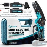 Saker mini chainsaw front profile showing compact body and blade for easy storage