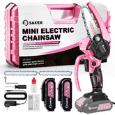 Saker pink mini chainsaw front view showing compact design and portability