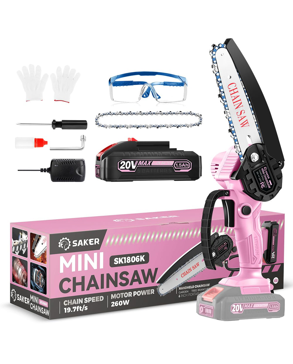 Saker mini chainsaw front view in pink showing compact design and portability