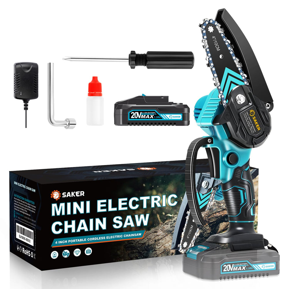 Saker mini chainsaw front view showing compact body and handle for easy control