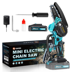 Saker mini chainsaw front view showing compact body and handle for easy control
